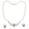 CHOKER AND EARRINGS SET WITH CULTURED PEARLS, EMERALDS AND DIAMONDS. 18K WHITE GOLD