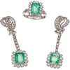 RING AND EARRINGS SET WITH EMERALDS AND DIAMONDS. PALLADIUM SILVER