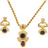 CHOKER, PENDANT AND EARRINGS SET WITH SAPPHIRES, RUBÍ AND DIAMONDS. 18K YELLOW GOLD