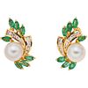 CULTURED PEARLS, EMERALDS AND DIAMONDS EARRINGS. 14K YELLOW GOLD
