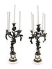 A Pair of French Bronze and Marble Five-Light Candelabra Height overall 32 inches.