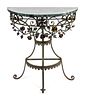 A Wrought Iron Marble Top Demilune Console Table Height 31 1/2 x width 29 1/2 x depth 12 inches.