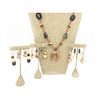 6 NATURAL STONE, WOOD AND SHELL EARRINGS, 1 NECKLACE