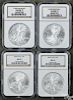 Four Walking Liberty silver Eagles, 2002-2005, NGC MS-69.