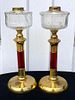 Near Pair English Brass and Glass Banquet Lamps, c.1890