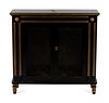 A Regency Style Ebonized and Gilt Decorated Low Side Cabinet
Height 34 7/8 x width 35 1/2 x depth 9 5/8 inches.