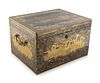 An English Black and Gold Lacquer Chinoiserie Decorated Box
Height 8 1/4 x width 13 1/2 x depth 10 3/4 inches.