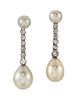 A PAIR OF PEARL AND DIAMOND DROP EARRINGS 
 Each 9