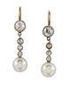 A PAIR OF CULTURED PEARL AND DIAMOND DROP EARRINGS