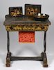 Chinese Lacquer Sewing Table w/ Gilt Decoration w/ 3 Asian Black Lacquer Items