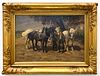GEORG WOLF, "TENDING THE HORSES" OIL ON PANEL