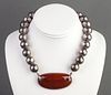 Mid-Century Silver Beaded Necklace w Red Jasper