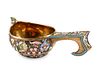 A Russian Silver and Enamel Kovsh
Height 2 1/2 x length 8 x depth 4 inches.