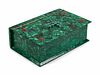 A Jewel-Mounted Malachite Book Box
Height 4 x length 12 x depth 8 1/2 inches.