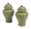 A Pair of Chinese Celadon-Glazed Porcelain Meiping Vases and Covers
Height 19 x diameter 9 inches.
