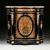 A NAPOLEON III STYLE MARBLE TOPPED AND STENCILED BOULLE MARQUETRY DECORATED EBONIZED CABINET, MODERN,