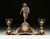 A THREE PIECE FRENCH PATINATED AND GILT SPELTER ON MARBLE FIGURAL MANTLE CLOCK GARNITURE, LATE 19TH CENTURY,