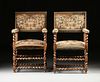 A PAIR OF LOUIS XIII STYLE NEEDLEWORK UPHOLSTERED AND CARVED WALNUT ARMCHAIRS, 19TH CENTURY,
