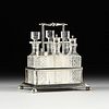 A VICTORIAN NICKEL SILVERPLATED CRUET STAND AND SIX MATCHING CUT GLASSWARES, BY KARANTI, LATE 19TH/EARLY 20TH CENTURY,