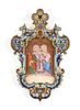 AN FRENCH ENAMELED PORCELAIN PLAQUE IN A BRONZE CHAMPLEVÉ FRAME, "Marriage of the Virgin," LATE 19TH CENTURY,