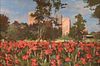 DAN WINGREN (American/Texas 1923-1998) A PAINTING, "Red Flowers in Cityscape,"
