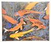 Suk Shuglie acrylic on canvas board, "Koi", signed and dated lower left "1997", artist label verso, 26 1/4" x 31 1/2". Estate of Marilyn Ware Strasbur