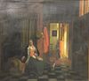 Large contemporary oil on canvas, primitive Dutch style interior with mother sewing, dog and child, 33" x 36".