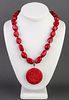 Red Bamboo Coral Bead & Carved Cinnabar Necklace