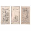 JUAN O'GORMAN, Study for the murals of the Castle of Chapultepec, Signed, Graphite/paper, 16 x 8.6" (41x22cm) each, Pieces: 3 framed together