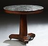 French Empire Style Carved Mahogany Marble Top Pedestal Center Table, c. 1840, the highly figured grey marble over a wide skirt, on...