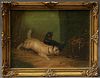 T. Langlois, "Dogs Chasing a Rat," 19th c., oil on canvas, signed lower left, presented in a gilt and gesso frame, H.- 5 3/4 in., W....