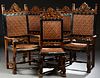 Set of Six Renaissance Style Carved Walnut Dining Chairs, 20th c., the arched shield carved crest over an embossed leather back with...