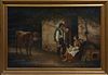 P. Bodard, "Family in a Farmyard, with Cow and Chicken," 19th c., oil on canvas, signed lower right, presented in a cove molded gilt...