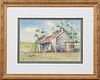 Edna Janssen (Louisiana), "Two Boys in Front of a Cabin," 20th c., watercolor, signed lower right, presented in a gilt and gesso fra...