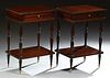 Pair of English Mahogany Nightstands, 20th c., each with a drawer on turned tapered legs joined by a lower stretcher shelf, on taper...