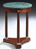 French Empire Style Marble Top Ormolu Mounted Mahogany Occasional Table, the green circular figured marble over a wide skirt, on thr...