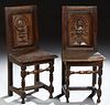 Pair of Louis XIII Style Carved Oak Side Chairs, c.1820, Brittany, each with a carved rectangular back with a profile of a man and w...