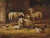 August Laux (German, 1847-1921)      Sheep, Chickens, and Rooster in a Manger
