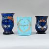 Lot of 3 vases, 20th century, Made in La Granja style crystal, 2 in cobalt blue, Decorated with plant, floral elements.