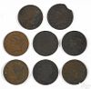 Eight large cents, to include two 1801, cull- AG, five 1839, G, and 1814, damaged.