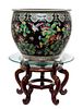 * A Famille Noire Porcelain Fish Bowl Height of porcelain 14 1/4 inches.