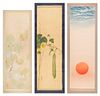 A Group of Three Ink and Color Scroll Paintings on Silk Height of largest 42 7/8 x width 14 inches.