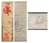 A Group of Three Ink and Color Scroll Paintings on Paper Height of largest 48 7/8 x width 16 inches.