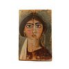ROMANO-EGYPTIAN STYLE PAINTED WOODEN FAYUM PORTRAIT OF A WOMAN. 