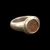 Ancient Byzantine Bronze Coin Set in Silver Ring. 