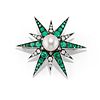A 18K white gold, 18K burnished gold, cultured pearl, emerald and diamond brooch