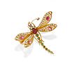 A 18K yellow gold, ruby, emerald and diamond brooch, defects