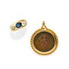 Lot of 18K yellow gold, sapphire, diamond and coin jewels, defects