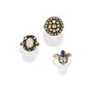 Three silver, low-carat gold, diamond, opal and sapphire rings, defects