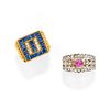 Two 18K two-color gold, diamond, sapphire and ruby rings